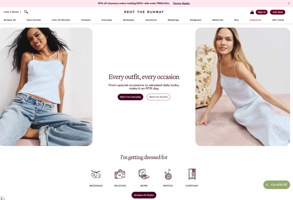 rent the runway screen capture of rent the runway home page